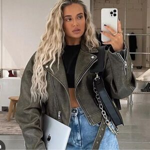 Olive Green/ brown tone Women's Biker Jacket